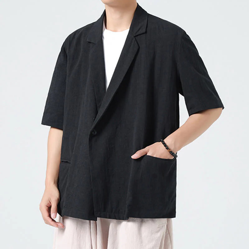 Buddha Stones Spring Plain Asymmetrical Lapel Collar Short Sleeve Men's Cotton Linen Shirt With Pockets