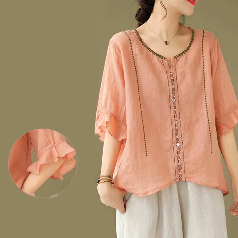 Buddha Stones Embroidery Buttons Crew Neck Flared Short Sleeve Women's Shirt