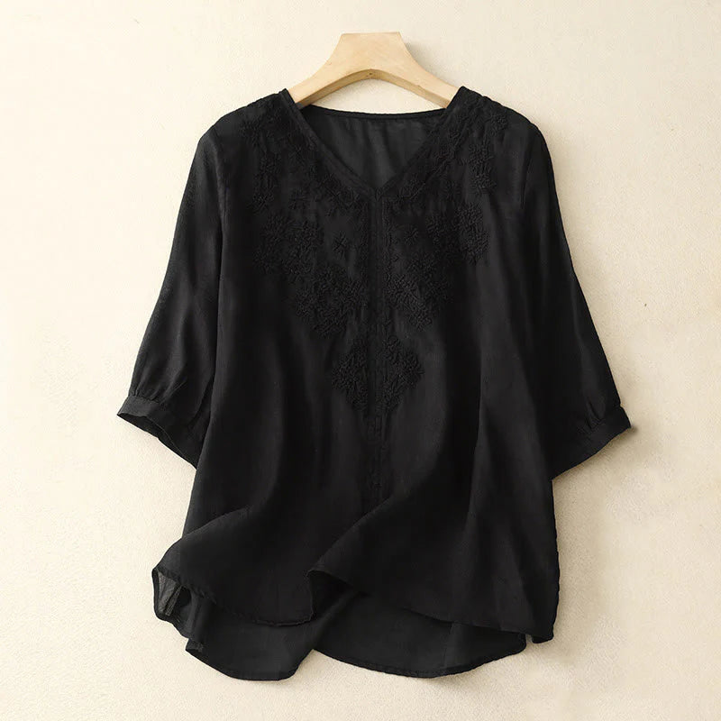 Buddha Stones V-Neck Lines Embroidery Women's Half Sleeve Shirt