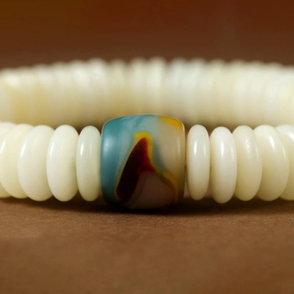 Buddha Stones Natural White Bodhi Seed Stone Wisdom Tassel Wrist Mala Bracelet