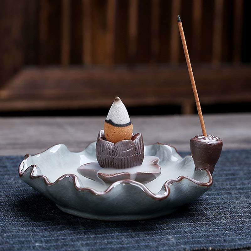 Buddha Stones Lotus Plum Blossom Square Ceramic Spiritual Backflow Incense Burner