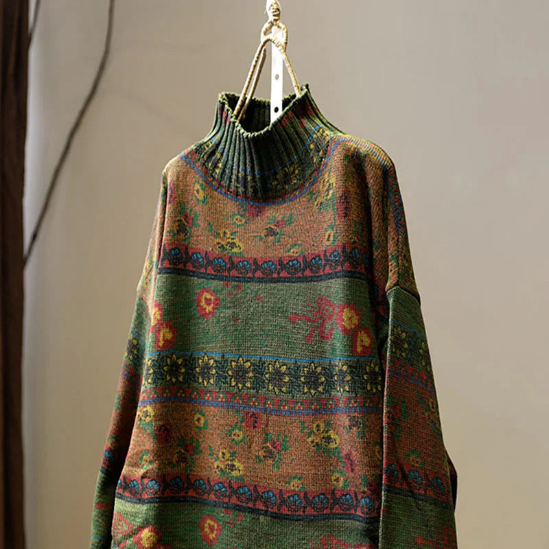 Buddha Stones Winter Color-block Flower Pattern Mock Neck Long Sleeve Women's Cotton Sweater