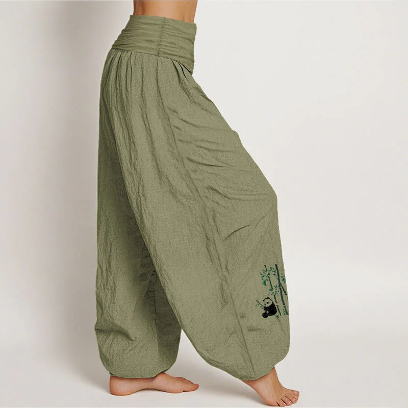 Buddha Stones Panda Bamboo Leaves Pattern Pure Cotton Women's Elastic Waist Harem Pants