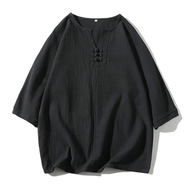 Buddha Stones 2Pcs Plain Notched Collar T-Shirt 7-8 Length Wide Leg Shorts With Pockets Cotton Linen Men's Meditation Cloth Set