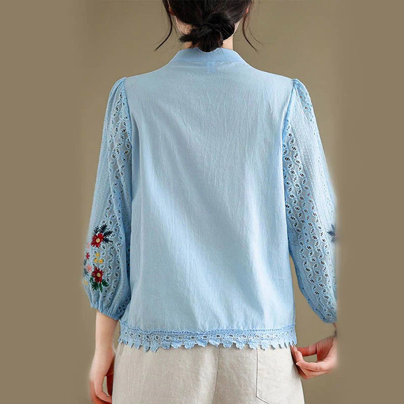 Buddha Stones Fall Lace Embroidery Flower Leaf Pattern Stand Collar Buttons Women's Long Sleeve Shirt