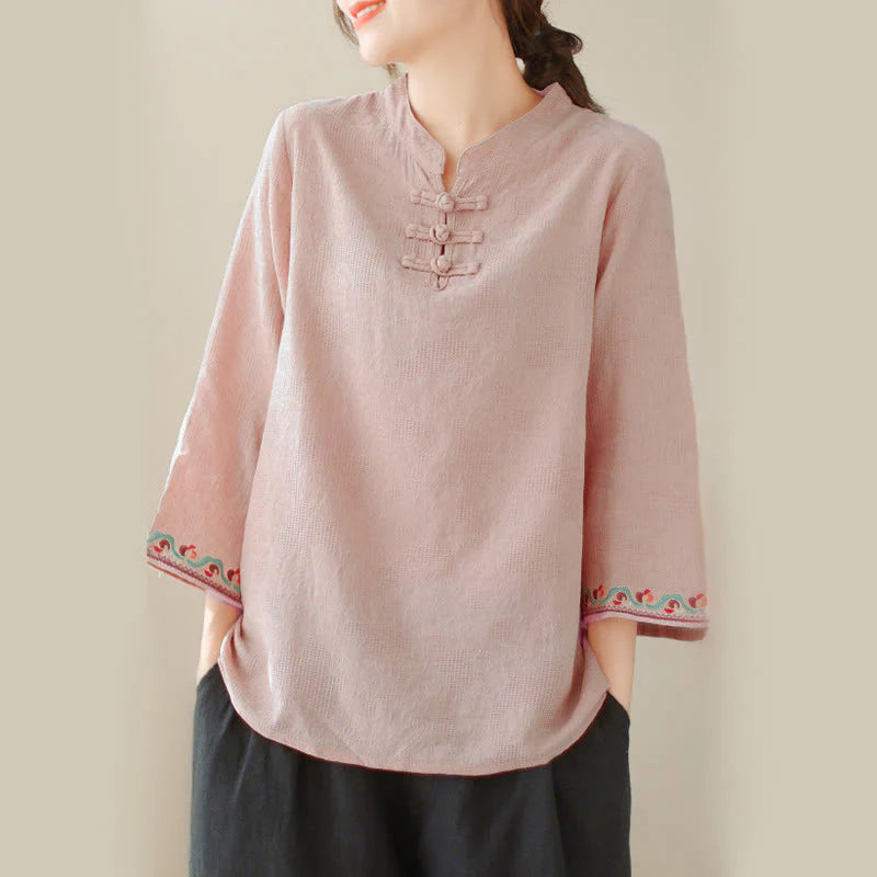 Buddha Stones Jacquard Frog-button Stand Collar Embroidered Three Quarter Sleeve Design Women's Cotton Shirt