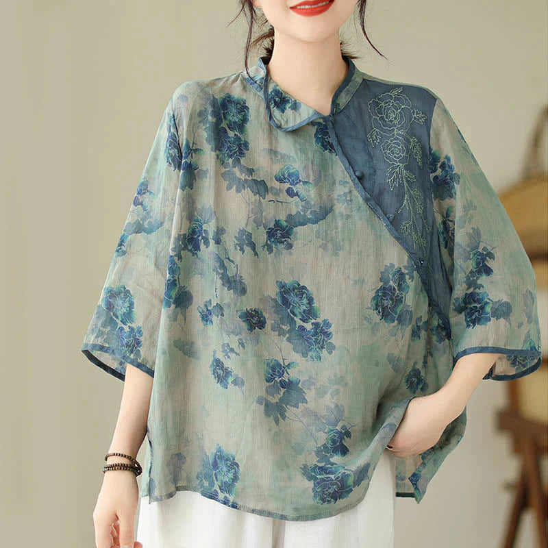 Buddha Stones PLUS SIZE Blue Jacaranda Flower Design Three Quarter Sleeve Ramie Linen Shirt