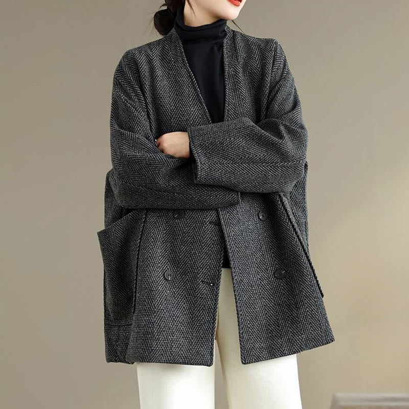 Buddha Stones Stripe V-Neck Cotton Long Sleeve Women's Coat With Pockets
