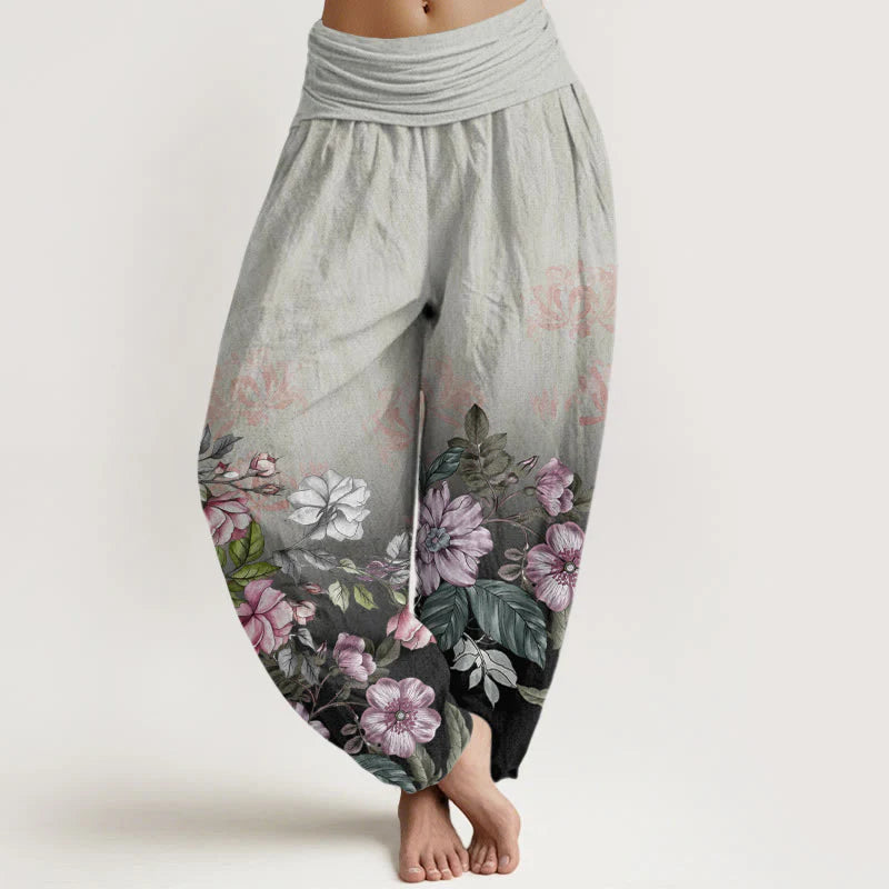 Buddha Stones Cotton Casual Gradient Petals Leaves Pattern Women's Elastic Waist Harem Pants