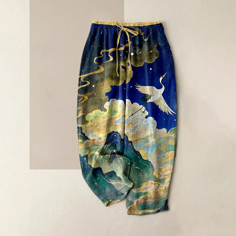 Buddha Stones Pure Cotton Crane Cloud Mountain Pattern Women's Elastic Waist Pants With Pockets