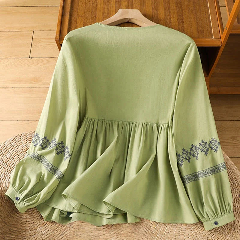 Buddha Stones Embroidery Pleated Buttons Long Lantern Sleeve Women's Cotton Shirt