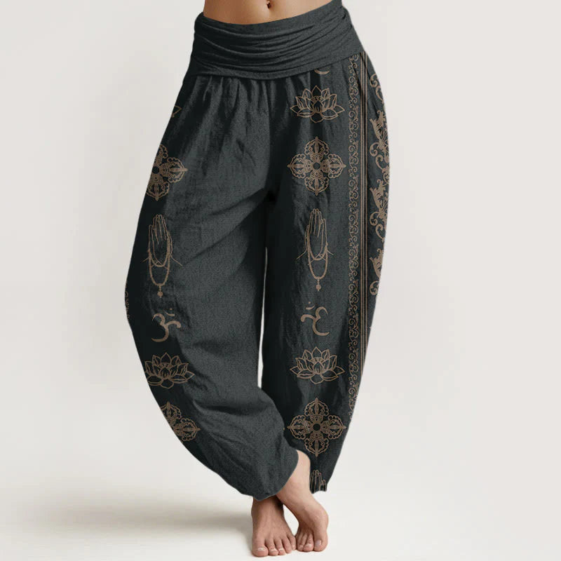 Buddha Stones Cotton Lotus Flowers Double Dorje Vajra Namaste Om Design Women's Elastic Waist Harem Pants