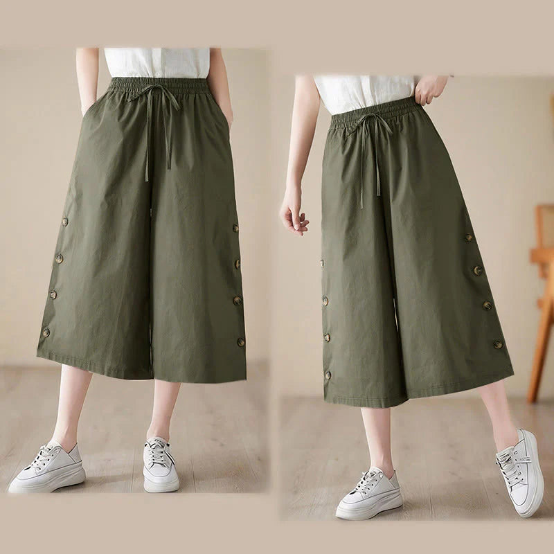 Buddha Stones Plain Buttoned Side Design Capri Cropped Women's Wide Leg Pants With Pockets