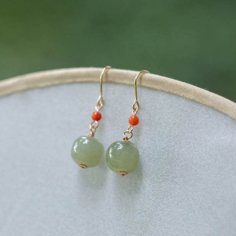 Buddha Stones 925 Sterling Silver Plated 14k Gold Hetian Jade Red Agate Luck Drop Dangle Earrings