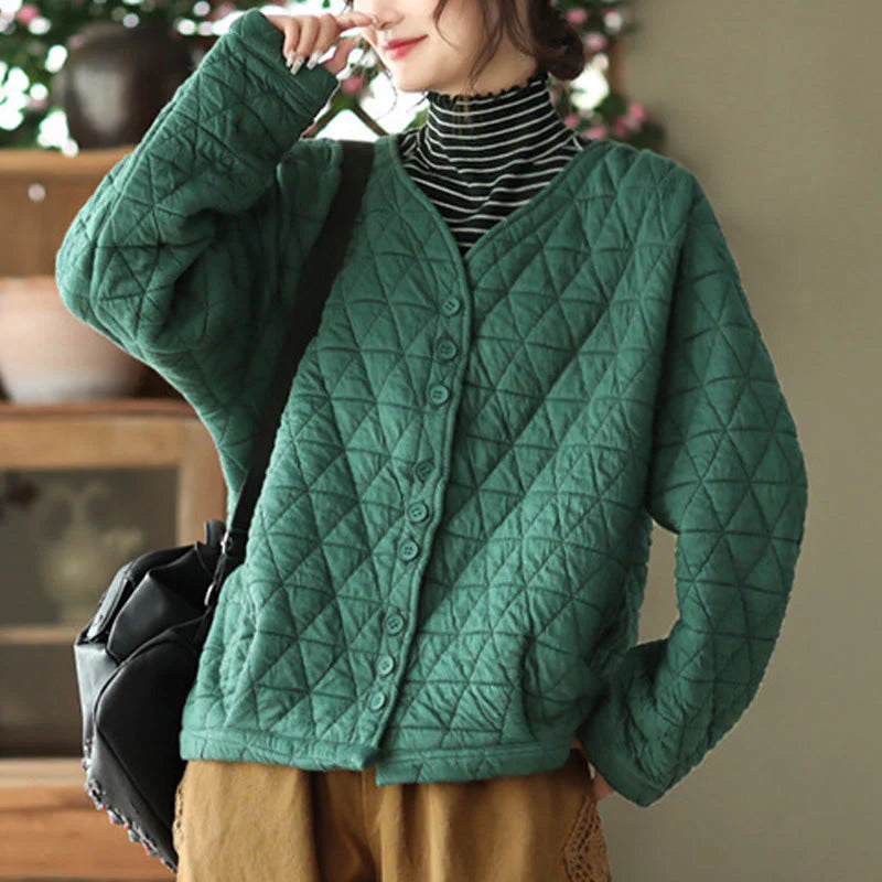 Buddha Stones Winter Cotton Long Sleeve Diamond Pattern Women's Thermal Jacket With Pockets