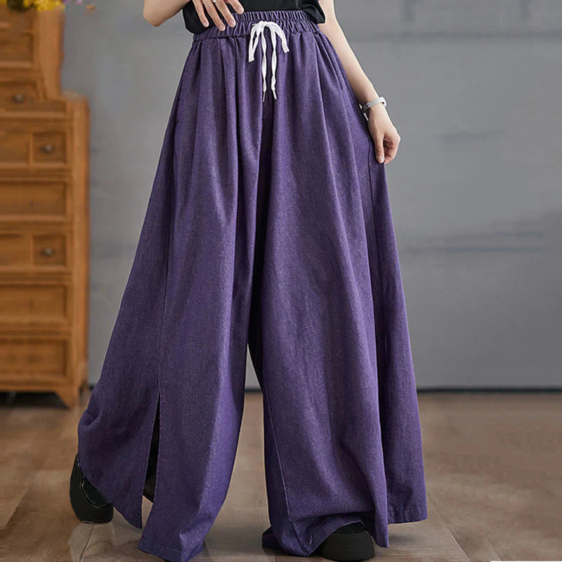 Buddha Stones Retro Leg Opening Slit Design Women's Wide Leg Pants With Pockets