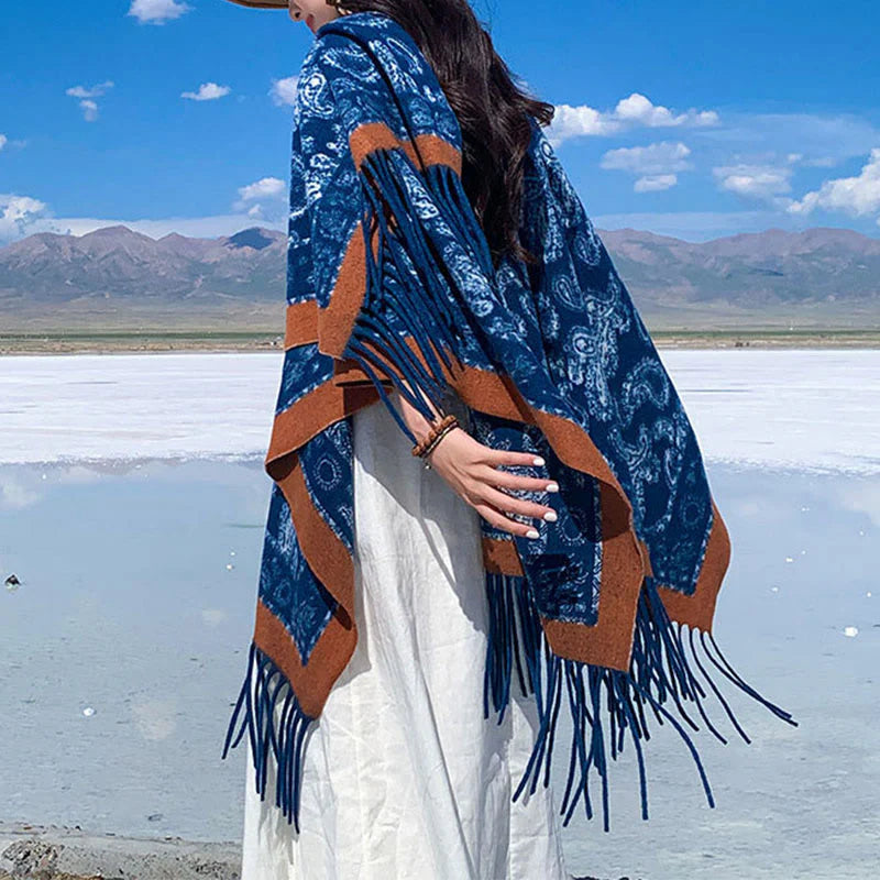 Buddha Stones Navy Paisley Pattern Patchwork Design Tassel Scarf Shawl