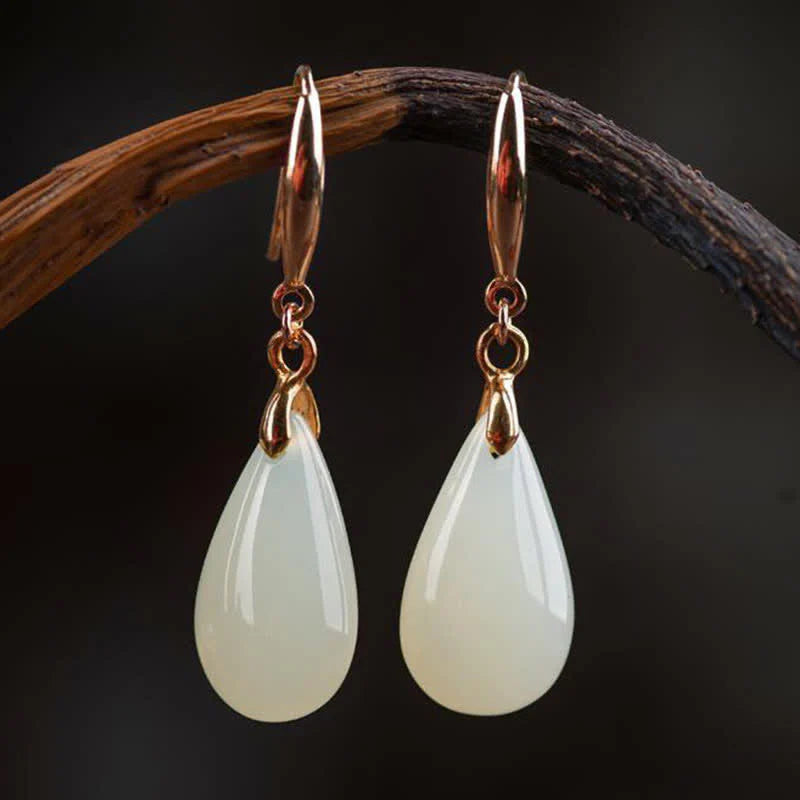 Buddha Stones Hetian White Jade Water Drop Luck Blessing Dangle Earrings (Extra 30% Off | USE CODE: FS30)