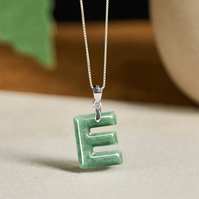 Buddha Stones Natural A-Z Letter Jade 925 Sterling Silver Silm Chain Prosperity Necklace Pendant