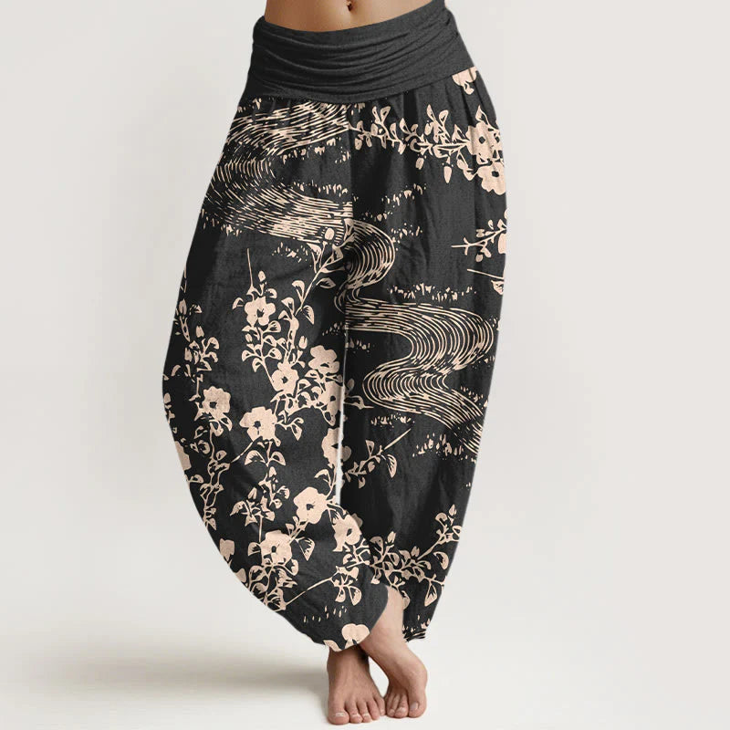 Buddha Stones Pure Cotton Simple Flowers Stream Pattern Women's Elastic Waist Harem Pants
