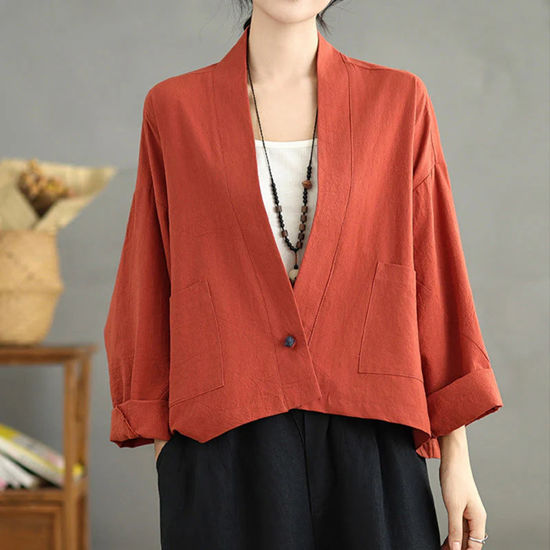 Buddha Stones Casual Vintage Plain Long Sleeve Open Front Cardigan Cotton Linen Jacket With Pockets