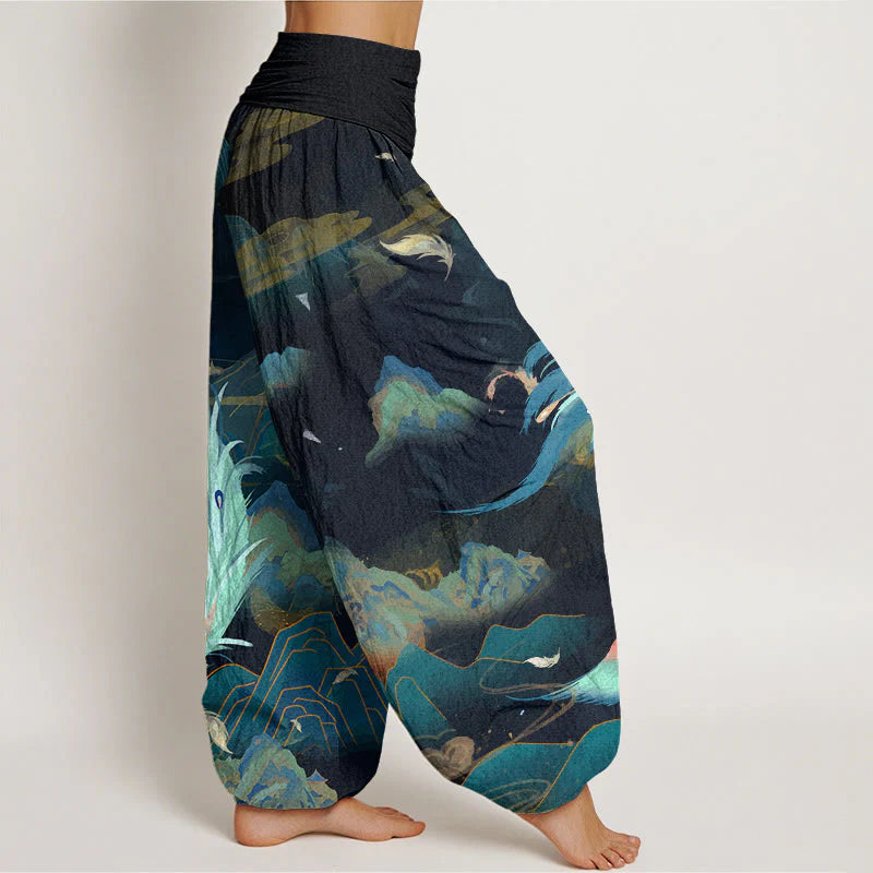 Buddha Stones Cotton Phoenix Mountain Cloud Pattern Women's Elastic Waist Harem Pants
