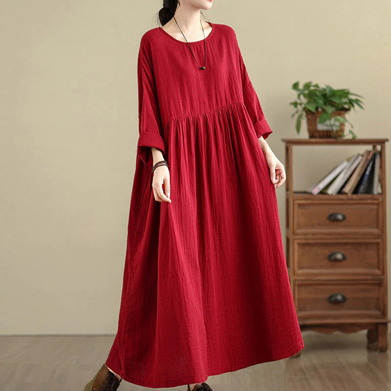 Buddha Stones Commute Pure Color Long Sleeve Cotton Linen Midi Dress With Pockets