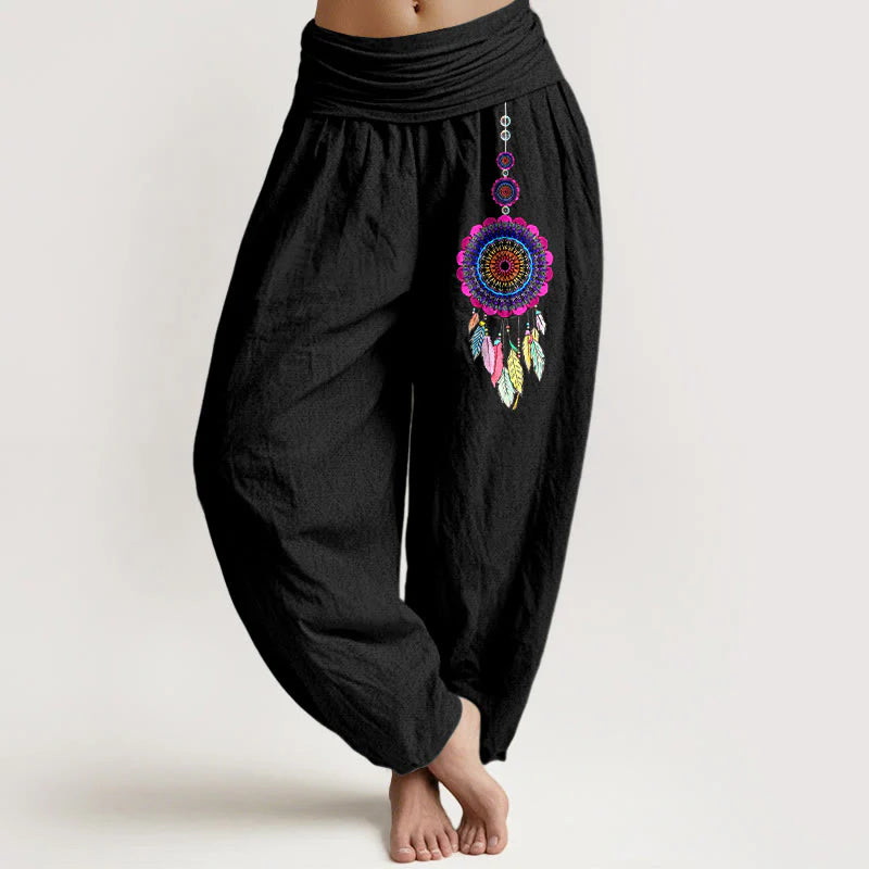 Buddha Stones Colorful Dreamcatchers Pattern Pure Cotton Women's Elastic Waist Harem Pants