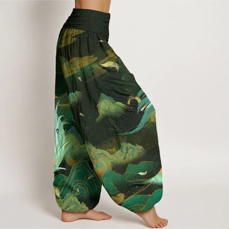 Buddha Stones Cotton Phoenix Mountain Cloud Pattern Women's Elastic Waist Harem Pants