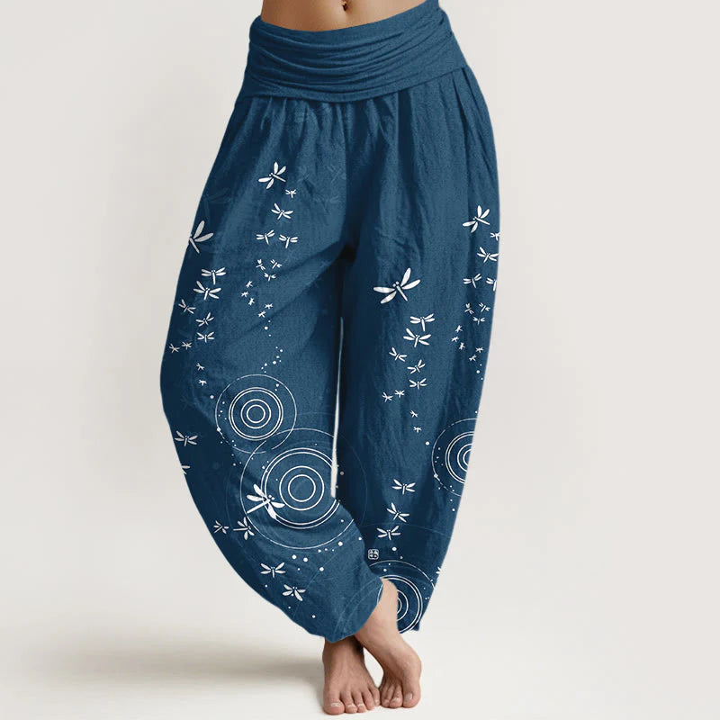 Buddha Stones Pure Cotton Circular Lines Dragonfly Women's Elastic Waist Harem Pants