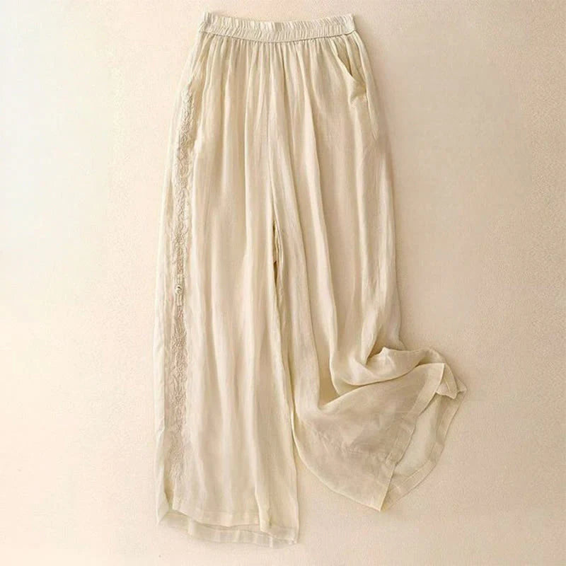 Buddha Stones Side Embroidery Design Women's 7-8 Length Wide Leg Pants With Pockets