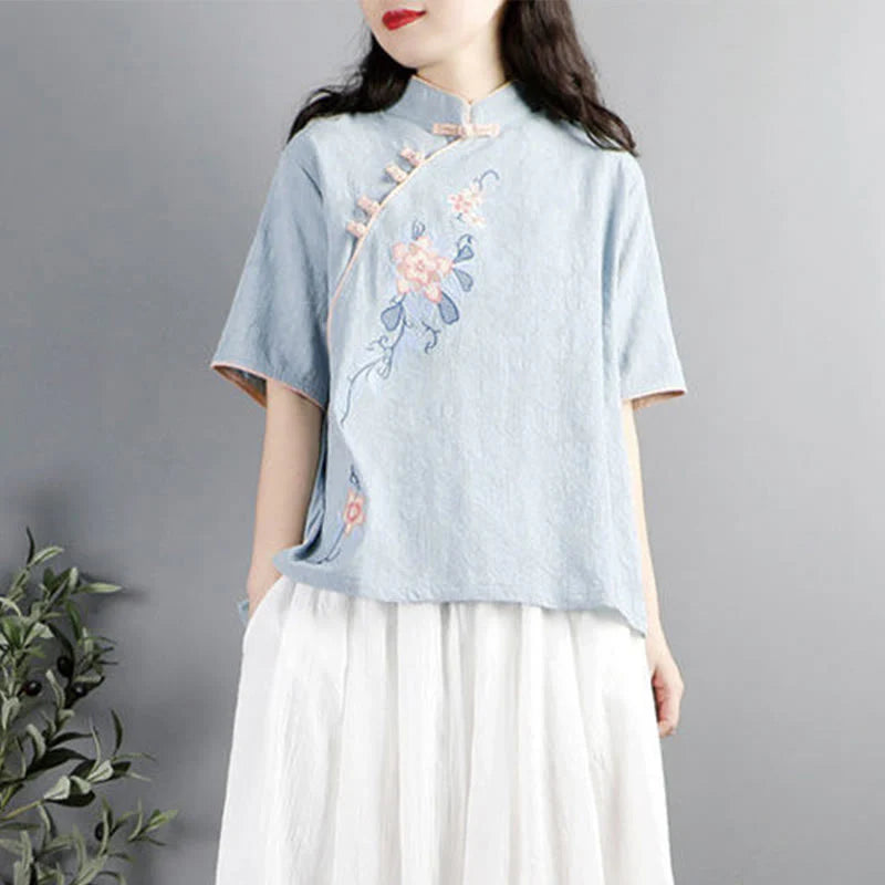 Buddha Stones Summer Flower Embroidery Half Sleeve Frog-Button Mandarin Collar Cotton Linen Women's Shirt
