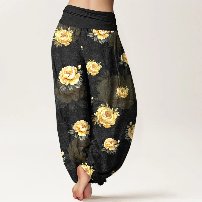 Buddha Stones Cotton Delicate Peony Pattern Women's Elastic Waist Harem Pants