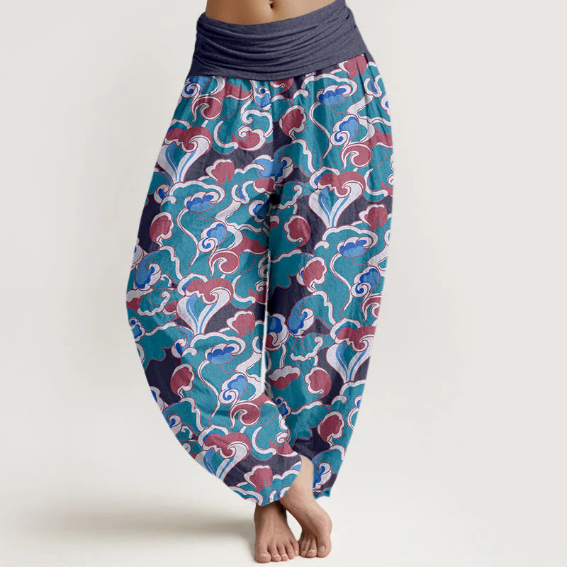 Buddha Stones Pure Cotton Small Clouds Gathered Women's Elastic Waist Harem Pants