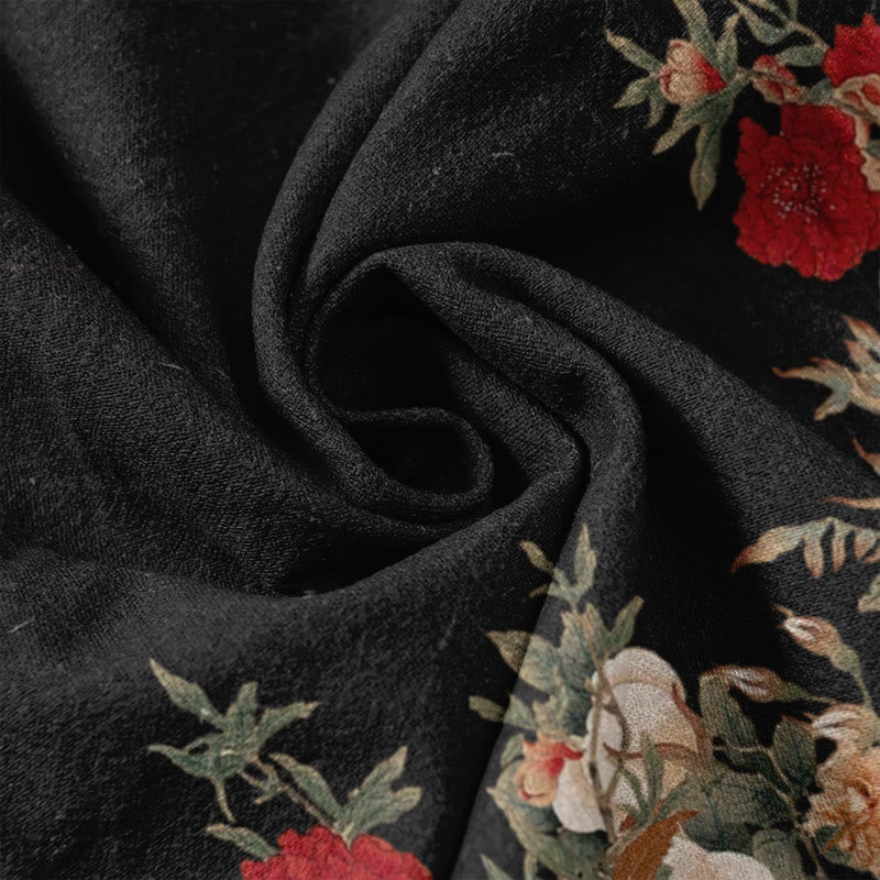 Buddha Stones Cotton Casual Red Peony Flower Vine Design Women's Elastic Waist Pants With Pockets