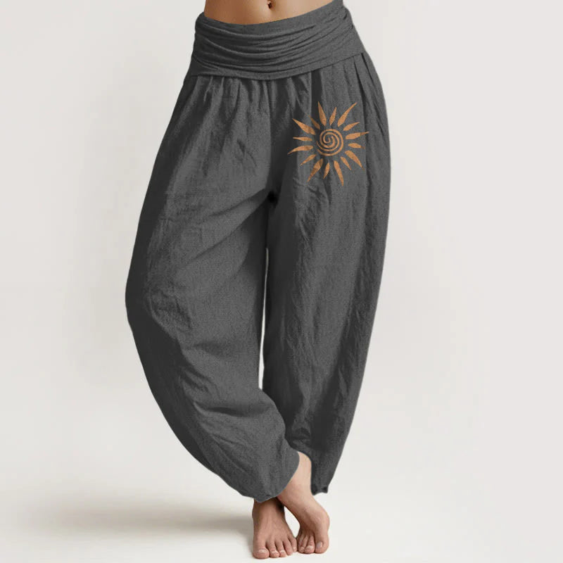 Buddha Stones Spiral Center Sun Pattern Women's Elastic Waist Harem Pure Cotton Pants