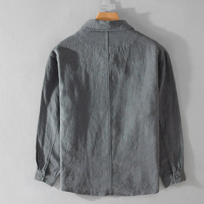 Buddha Stones Commute Fall Solid Color Lapel Men's Long Sleeve Cotton Linen Shirt With Pocket