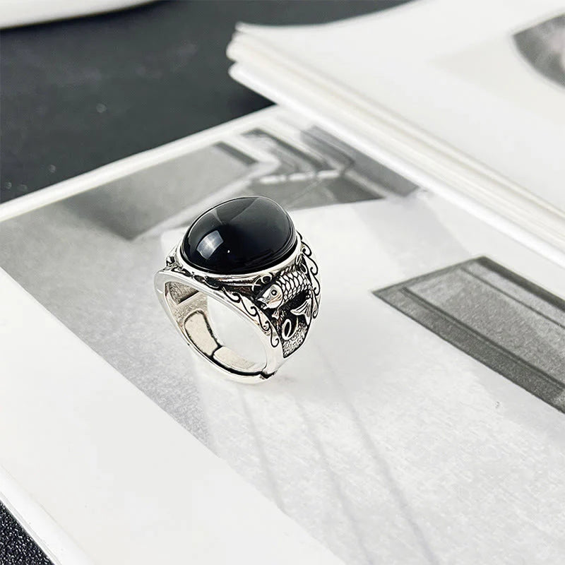Buddha Stones Black Obsidian Koi Fish Symbol Strength Adjustable Ring
