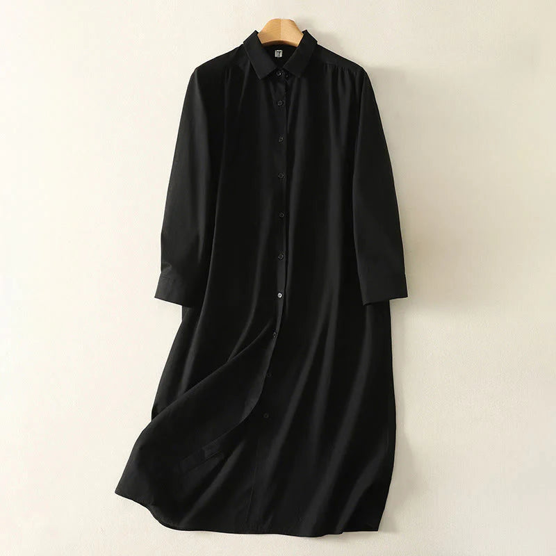 Buddha Stones Fall Solid Color Lapel Buttons Long Sleeve Cotton Midi Dress With Pockets