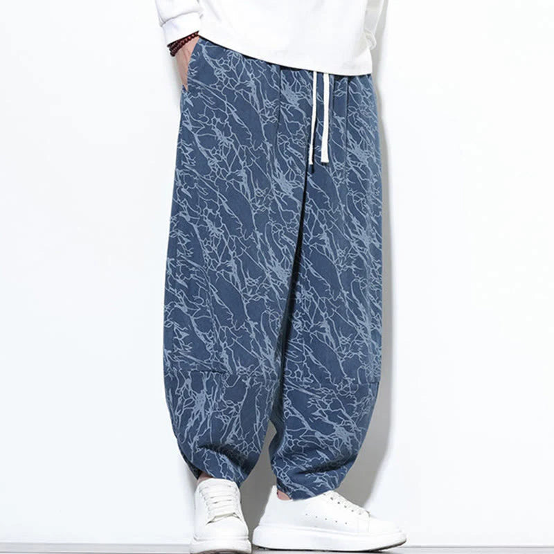 Buddha Stones Fall Textured Lines Print Cotton Elastic Waist Ankle-Length Men's Harem Pants With Pockets