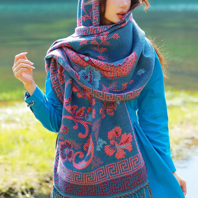 Buddha Stones Jacquard Ethnic Paisley Plants Pattern Tassel Soft Thermal Scarf Shawl