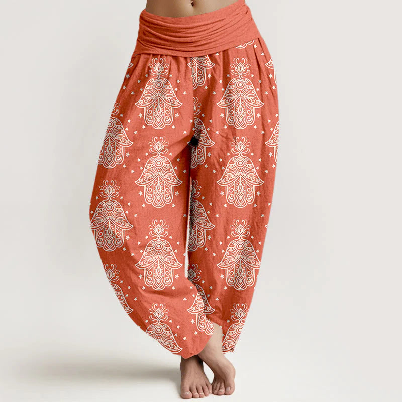 Buddha Stones Cotton Neatly Arranged Hamsa's Hand Pattern Women's Elastic Waist Harem Pants
