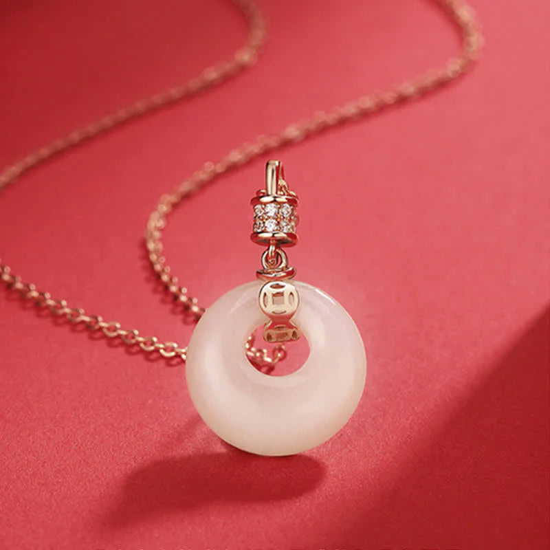 Buddha Stones 925 Sterling Silver Hetian White Jade Coin Flower Peace Buckle Luck Necklace Pendant