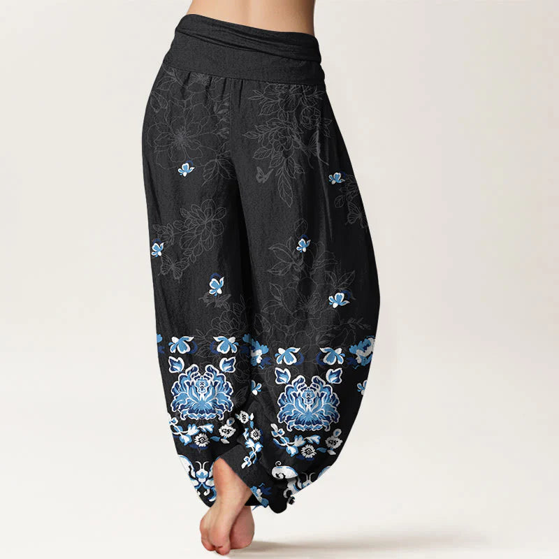 Buddha Stones Pure Cotton Elegant Classic Flower Butterfly Pattern Women's Elastic Waist Harem Pants
