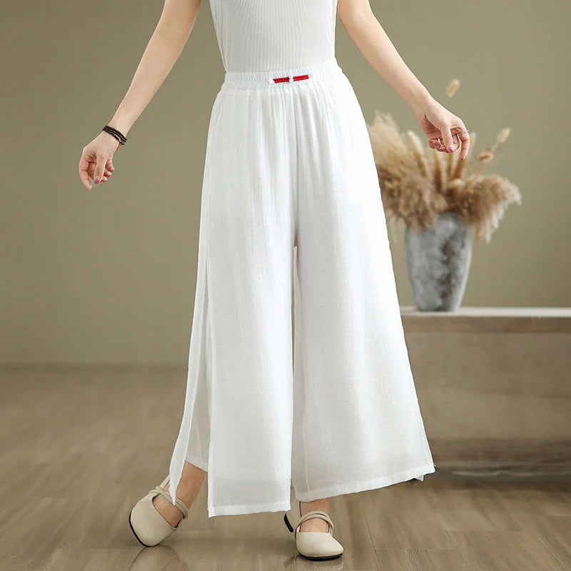 Buddha Stones Casual Vintage Side Slit Hem Design Cotton Linen Women's Wide Leg Pants With Pockets