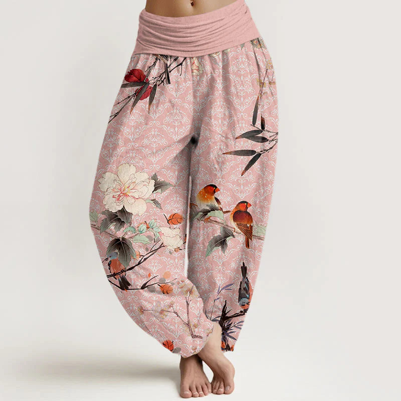 Buddha Stones Cotton Warbler Bird Blooming Flower Branches Mandala Pattern Women's Elastic Waist Harem Pants