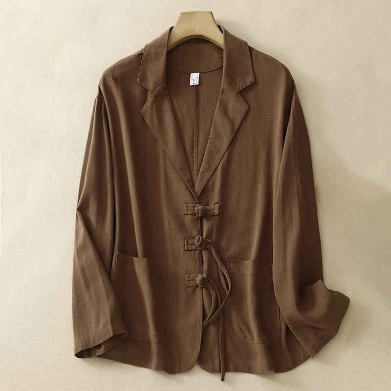 Buddha Stones Women's Cotton Linen Frog-Button Long Sleeve Jacket With Pockets