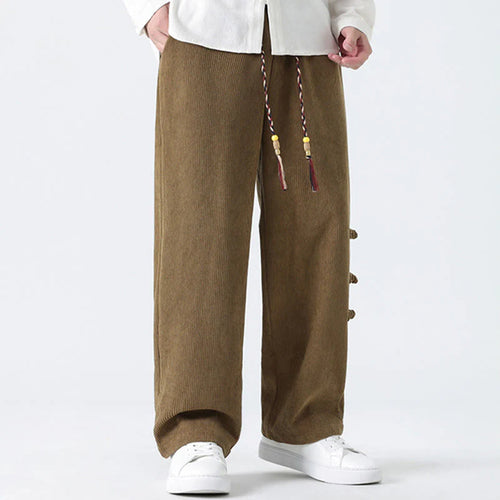 Buddha Stones Fall Solid Frog-Button Men's Drawstring Corduroy Straight Leg Pants With Pockets