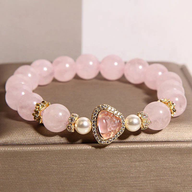 Buddha Stones Natural Buddha Symbol Pink Crystal Pearl Warmth Bracelet