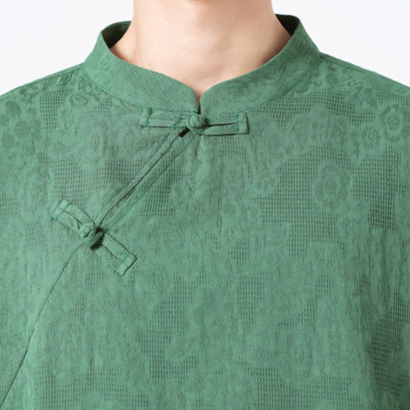 Buddha Stones Retro Pure Color Frog-Button Design Jacquard Flower Pattern Men's Short Sleeve Cotton Linen Shirt